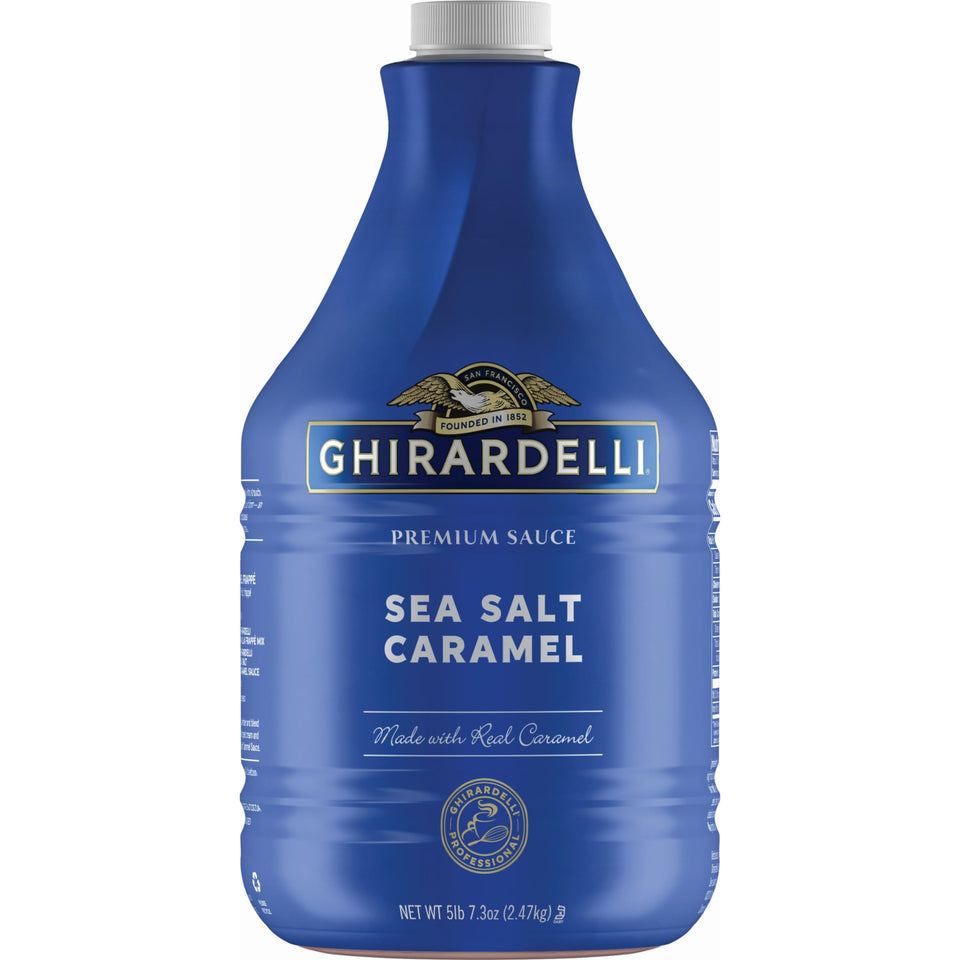 Ghirardelli Sea Salt Caramel Sauce pump bottle for convenient dessert topping.