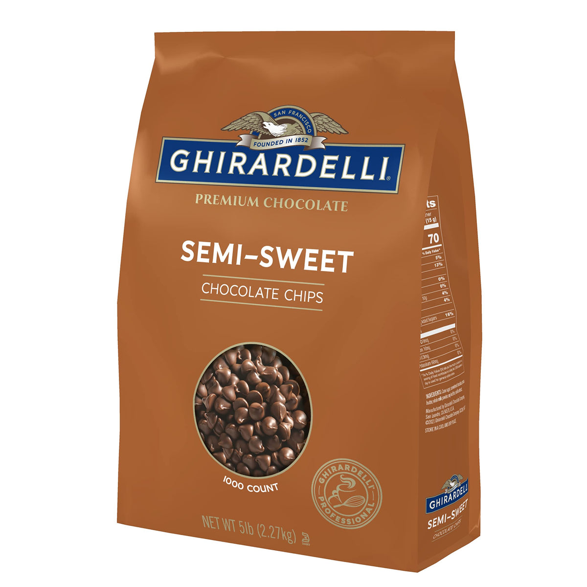 Ghirardelli semi-sweet chips 1000-per-lb close-up, perfect for cookies and brownies