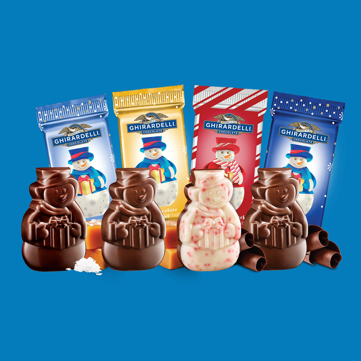 Ghirardelli snowmen wrap close-up, highlighting premium ingredients for festive moments