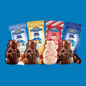 Ghirardelli snowmen wrap close-up, highlighting premium ingredients for festive moments