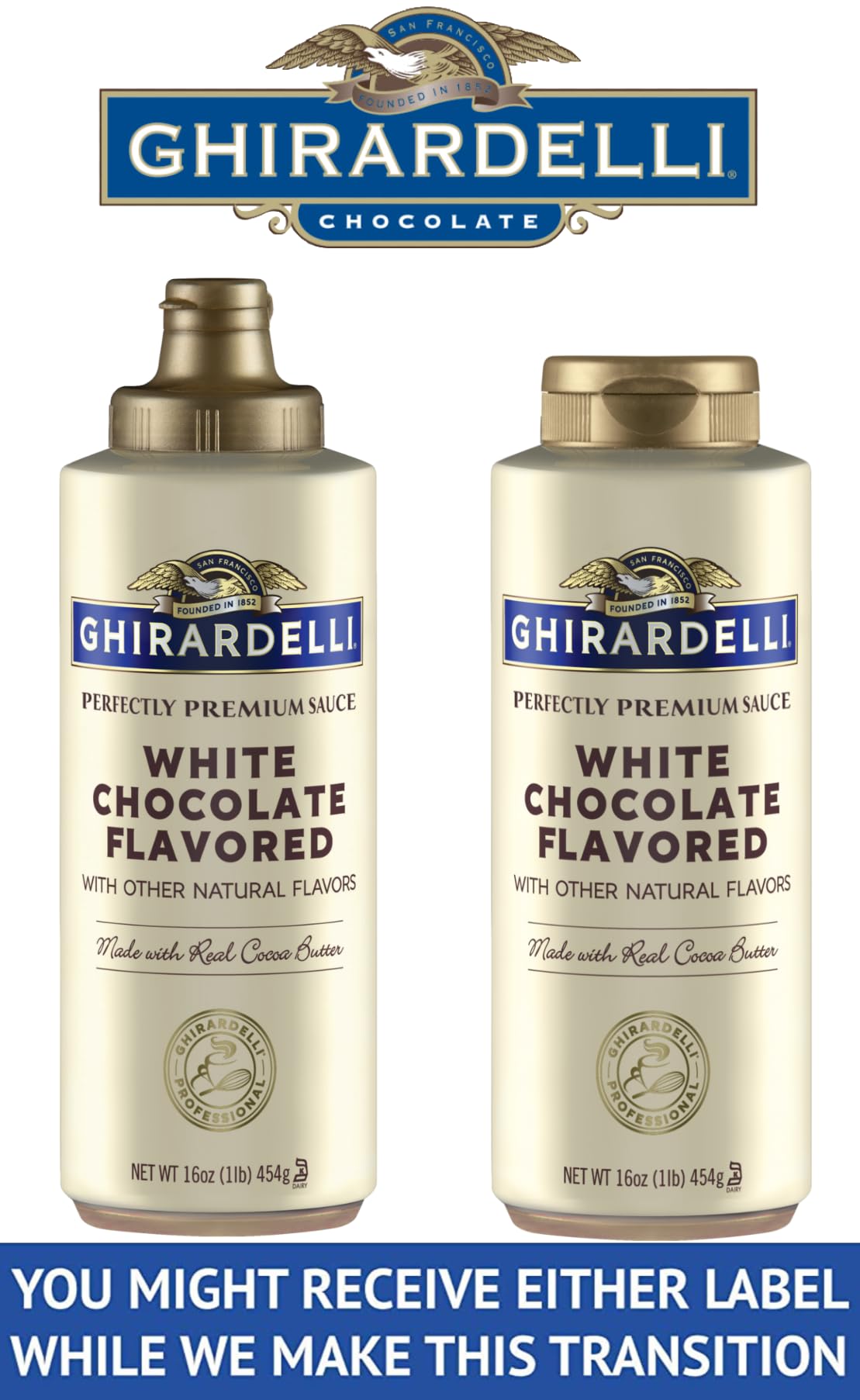 Ghirardelli caramel sauce squeeze bottle drizzling over dessert