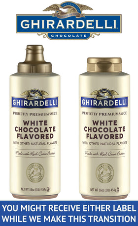 Ghirardelli caramel sauce squeeze bottle drizzling over dessert
