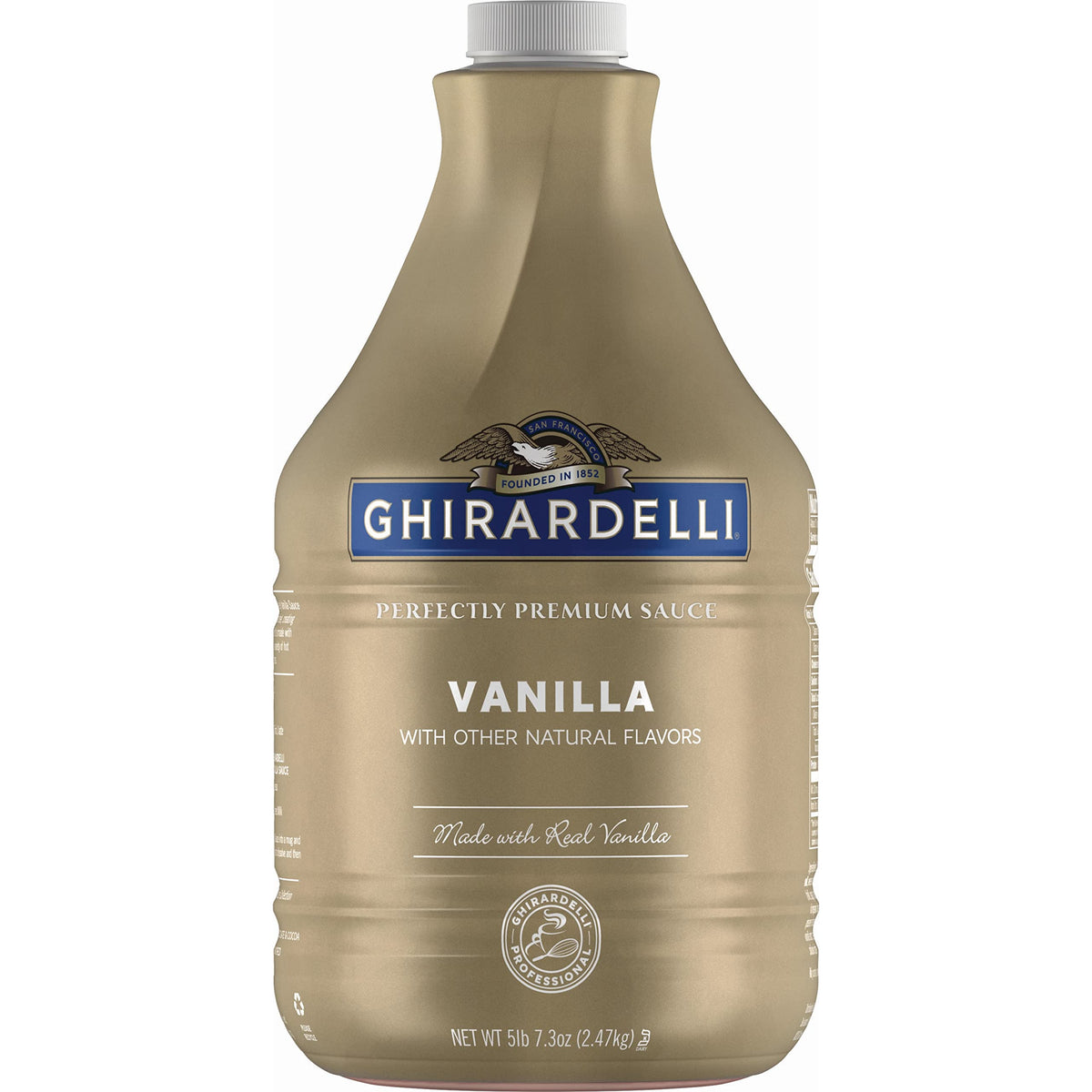 Ghirardelli Vanilla Sauce bottle being poured, ideal for elevating desserts.