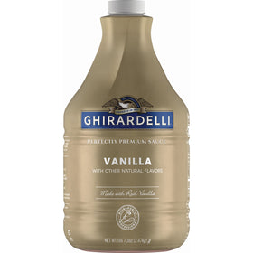 Ghirardelli Vanilla Sauce bottle being poured, ideal for elevating desserts.