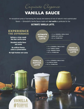 Ghirardelli Vanilla Sauce label closeup, premium vanilla branding.