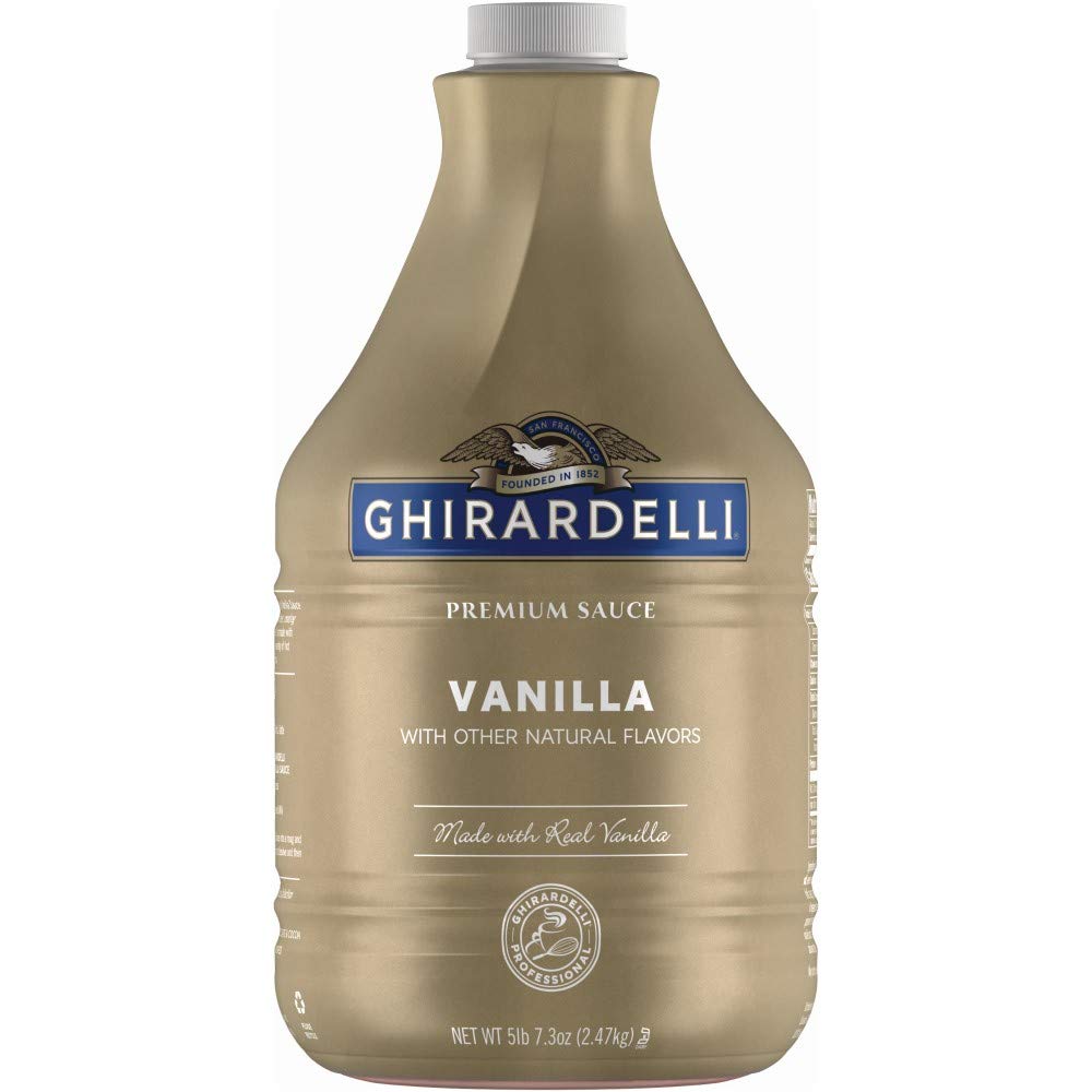 Ghirardelli Vanilla Sauce pump bottle for rich drinks and desserts.