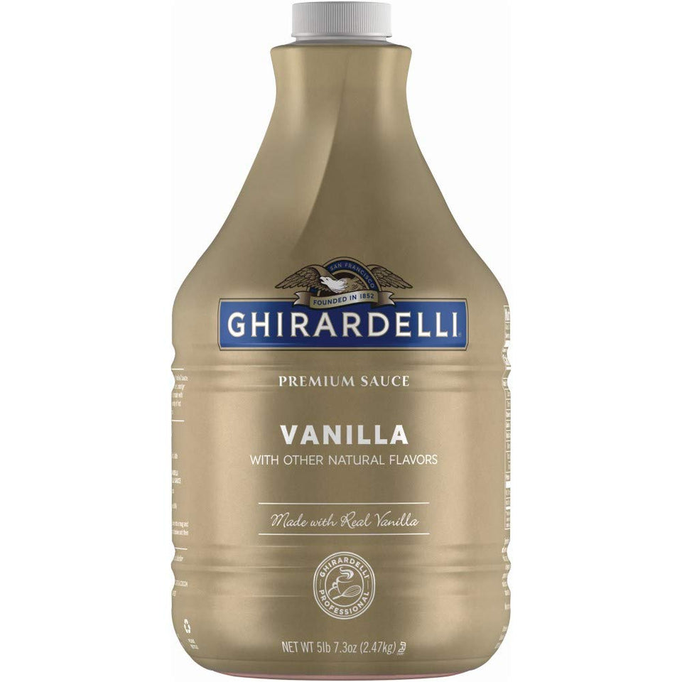 Ghirardelli Vanilla Sauce pump bottle for rich drinks and desserts.