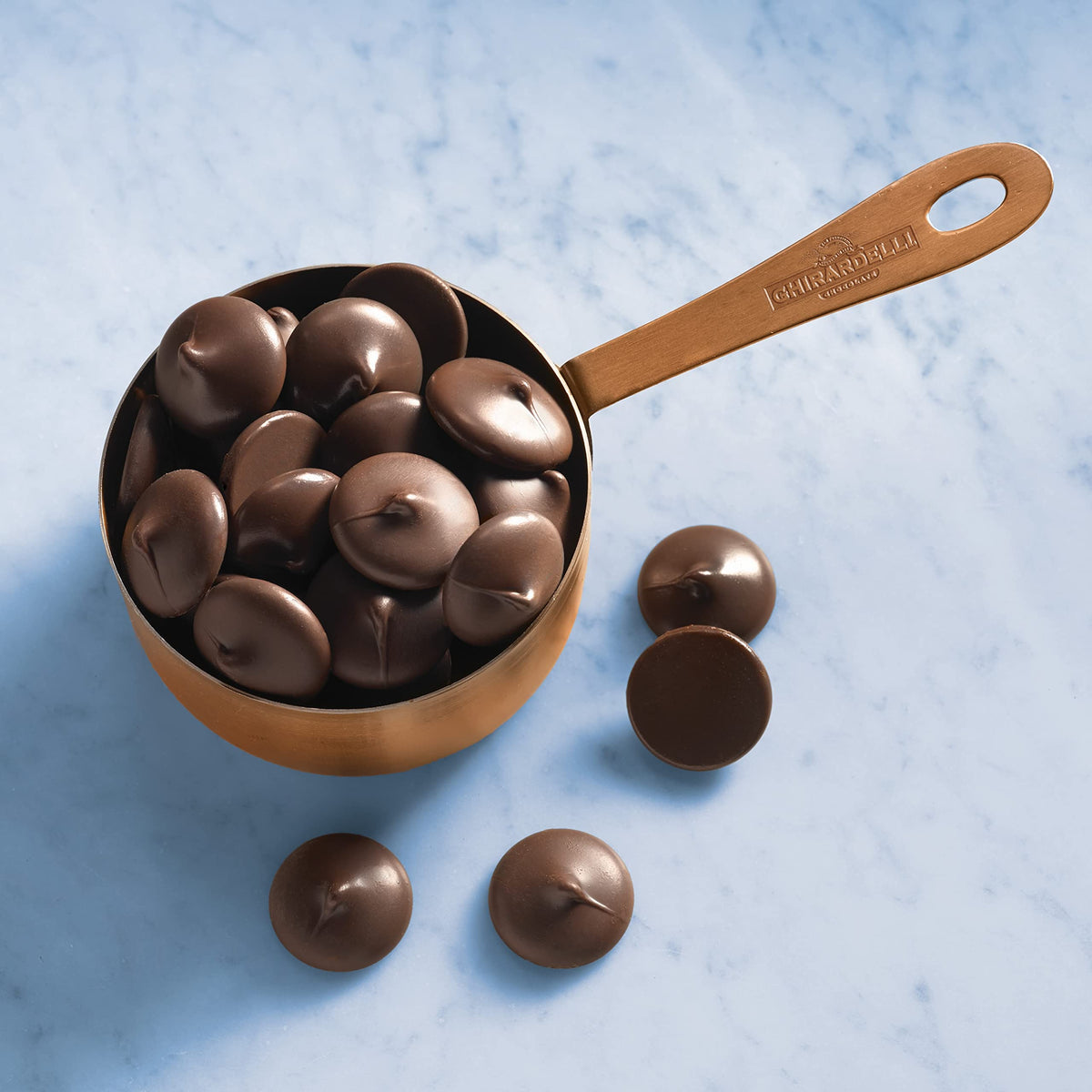 Ghirardelli wafers melted for rich ganache and mousse textures.