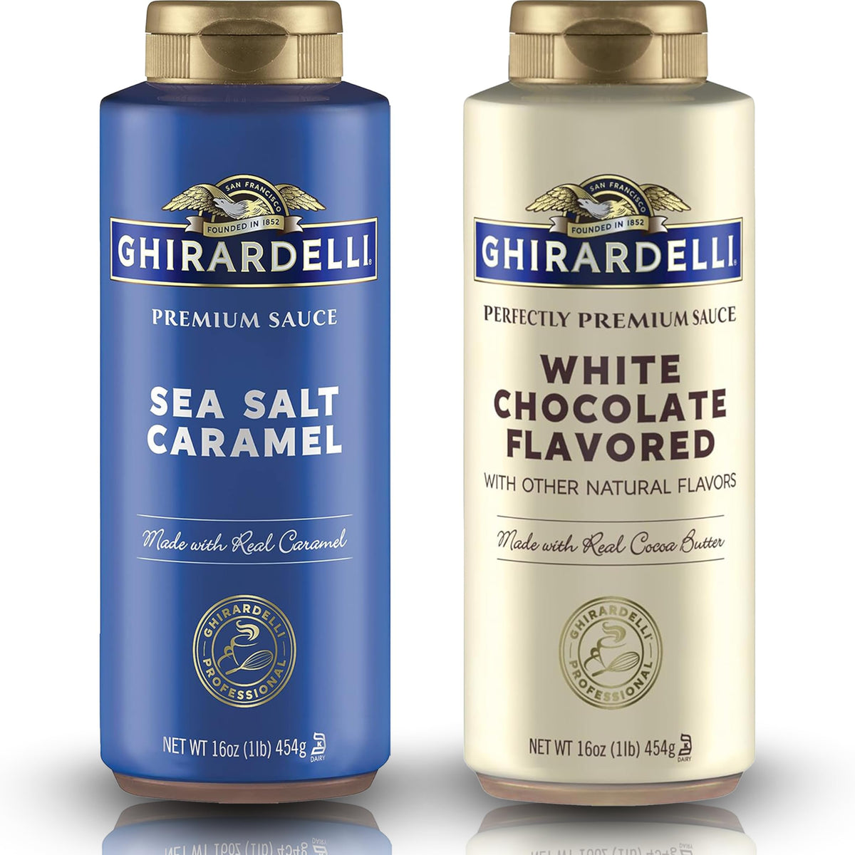 Ghirardelli White Chocolate Sauce bottle close-up for silky dessert topping ideas