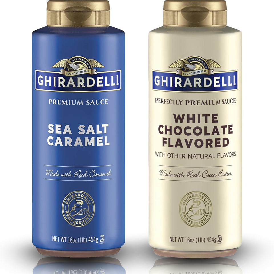 Ghirardelli White Chocolate Sauce bottle close-up for silky dessert topping ideas