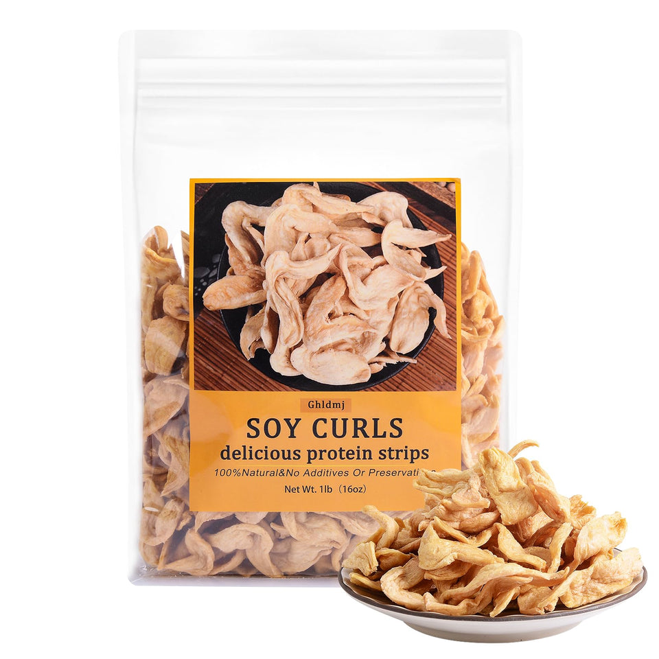 Ghldmj Premium Soy Curls packaging on a kitchen counter, ready for quick meals.