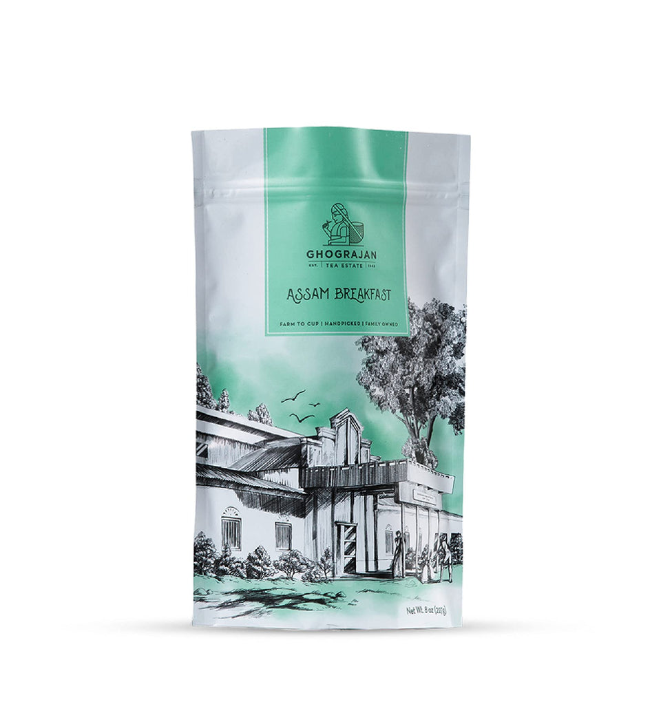 Ghograjan Tea Estate Assam Breakfast pack shows robust flavor for a bold morning.