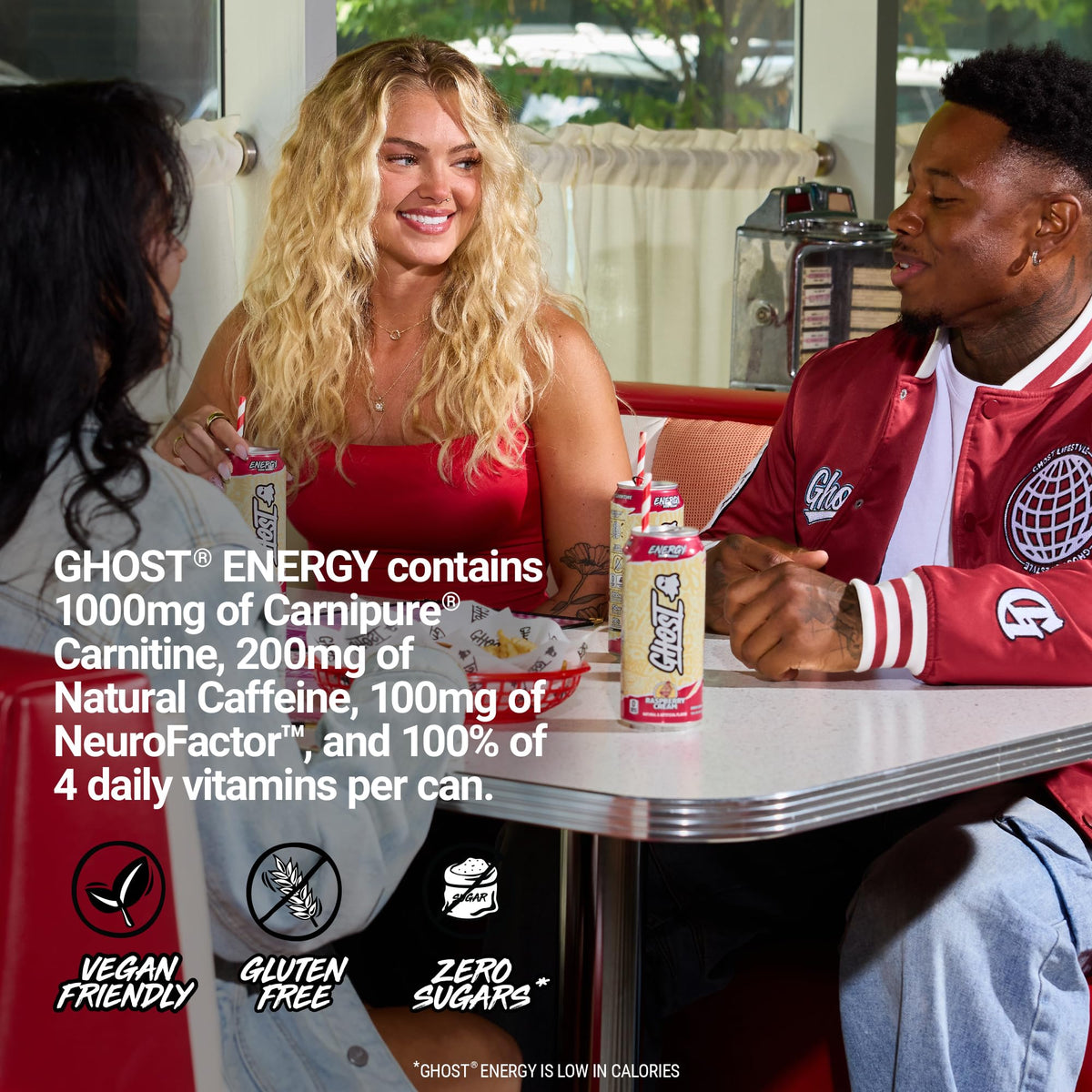 GHOST Energy Raspberry Cream 12-pack carton on shelf conveys value.