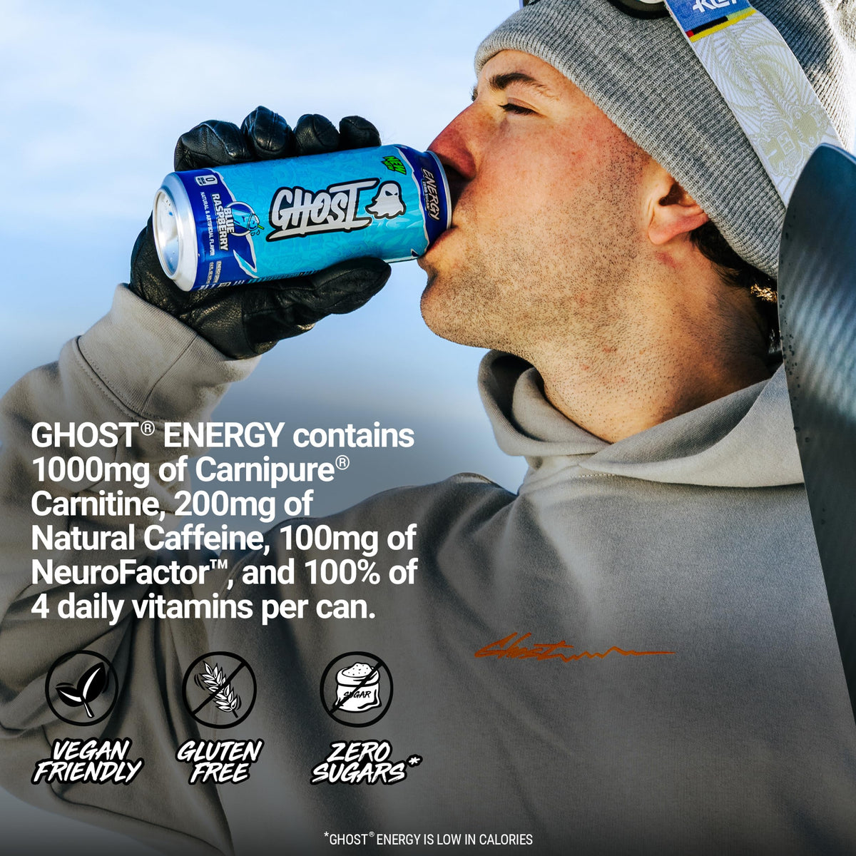 GHOST Energy 16oz can on white surface showcasing bold blue raspberry flavor.