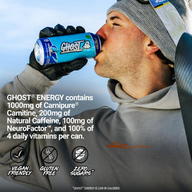 GHOST Energy 16oz can on white surface showcasing bold blue raspberry flavor.
