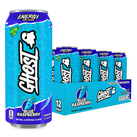 GHOST Energy blue raspberry can with a transparent label for focused daytime energy.