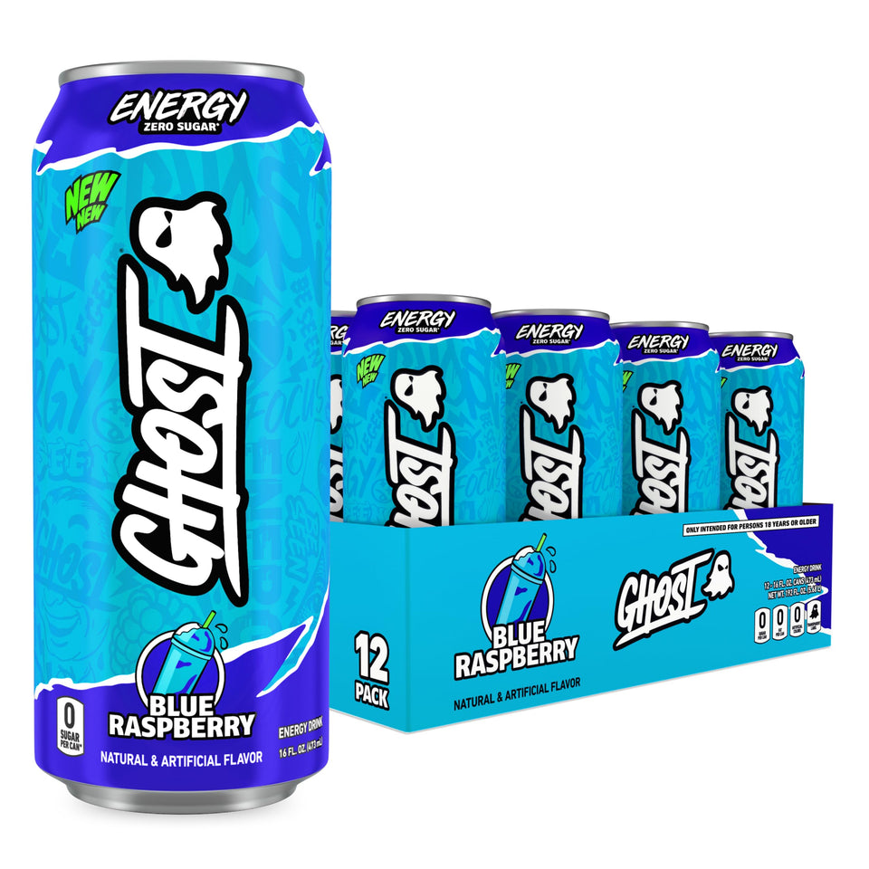 GHOST Energy blue raspberry can with a transparent label for focused daytime energy.
