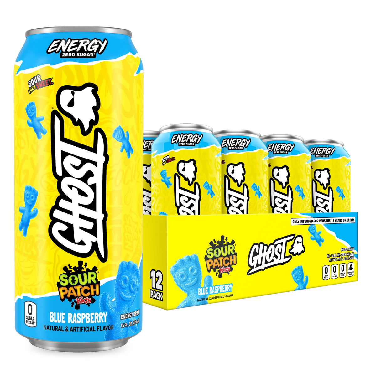 GHOST Energy Sour Patch Kids Blue Raspberry 16oz can with transparent ingredients and energy boost potential.