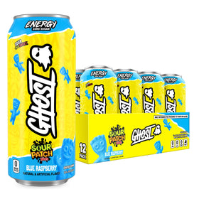 GHOST Energy Sour Patch Kids Blue Raspberry 16oz can with transparent ingredients and energy boost potential.