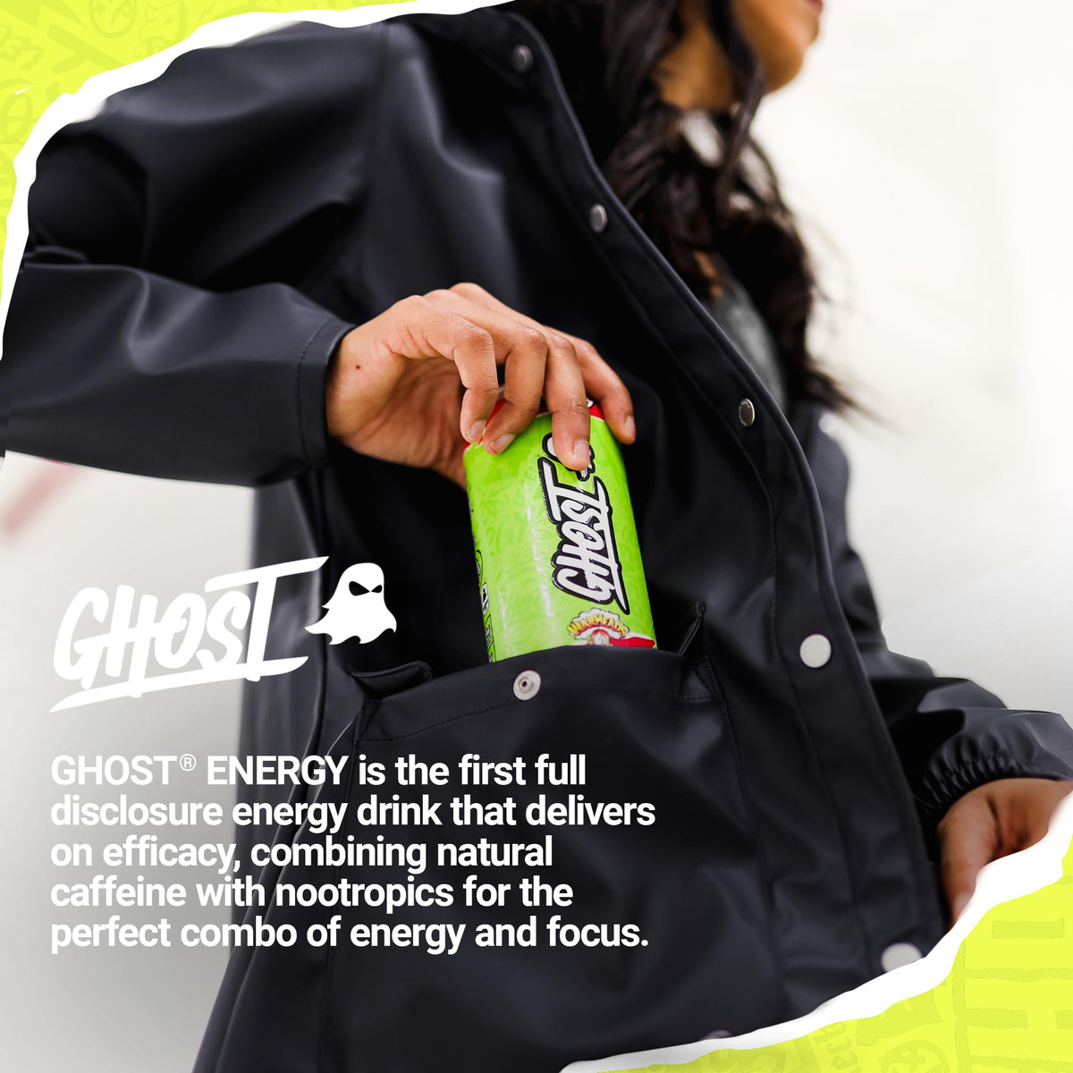 Ghost Energy caffeine and nootropics blend visual suggesting enhanced focus for tasks.