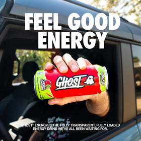 Closeup of the Ghost label highlighting precise dosing for energy and focus.