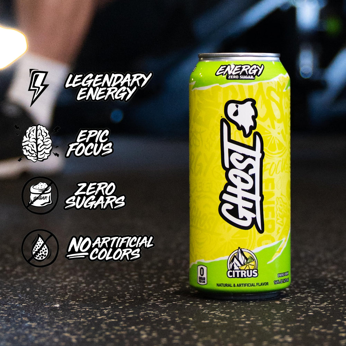 GHOST Energy Citrus with ice in a glass emphasizes flavor and chill.