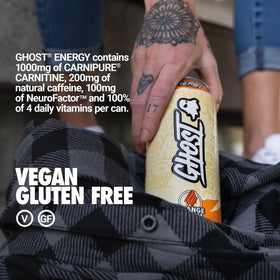 Close-up of GHOST Energy ingredient label emphasizing transparency and details.