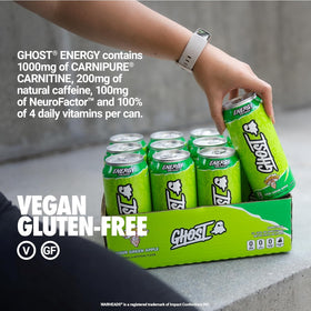GHOST Energy ingredients graphic highlighting plant-based, no sugar formula