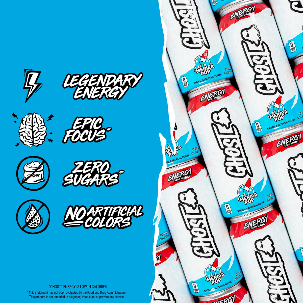 GHOST Merica Pop can with blue and red swirl close-up for visual flavor appeal