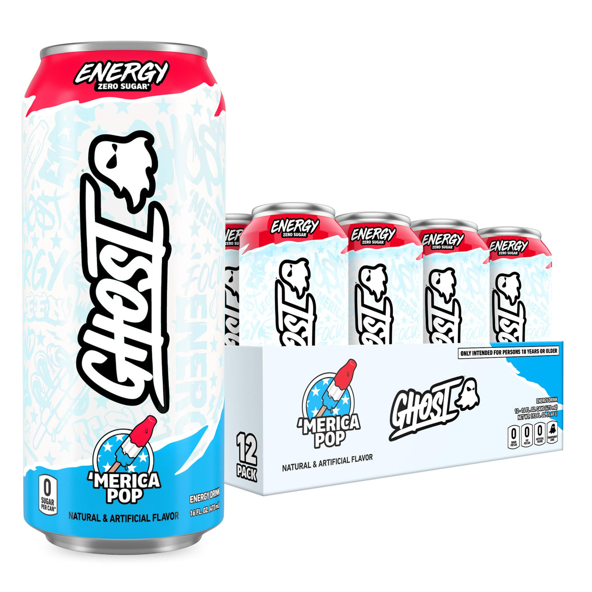 GHOST Merica Pop 16oz can front view showing vivid flavor and branding for energy on the go