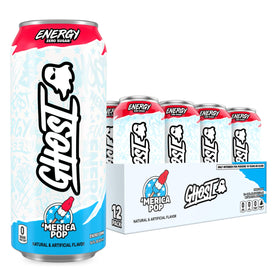 GHOST Merica Pop 16oz can front view showing vivid flavor and branding for energy on the go