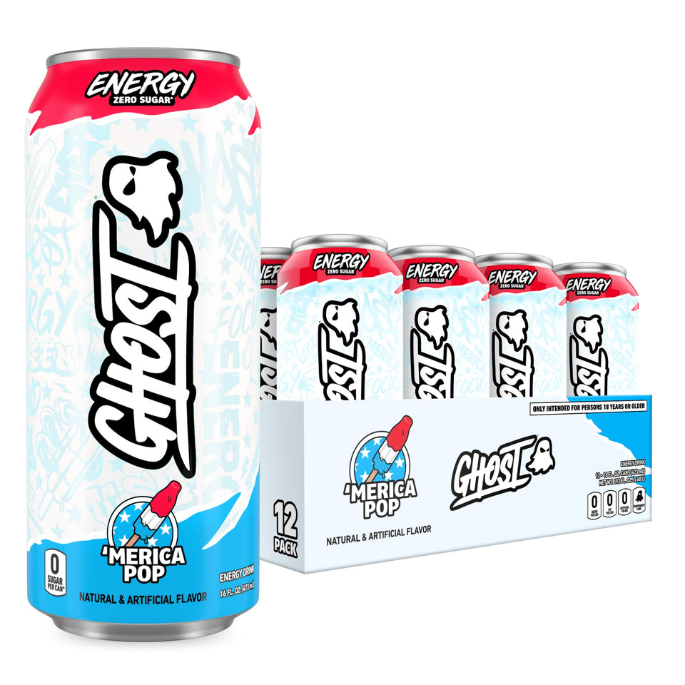 GHOST Merica Pop 16oz can front view showing vivid flavor and branding for energy on the go