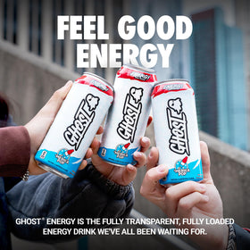 Close-up of GHOST Merica Pop can label highlighting caffeine and ingredients