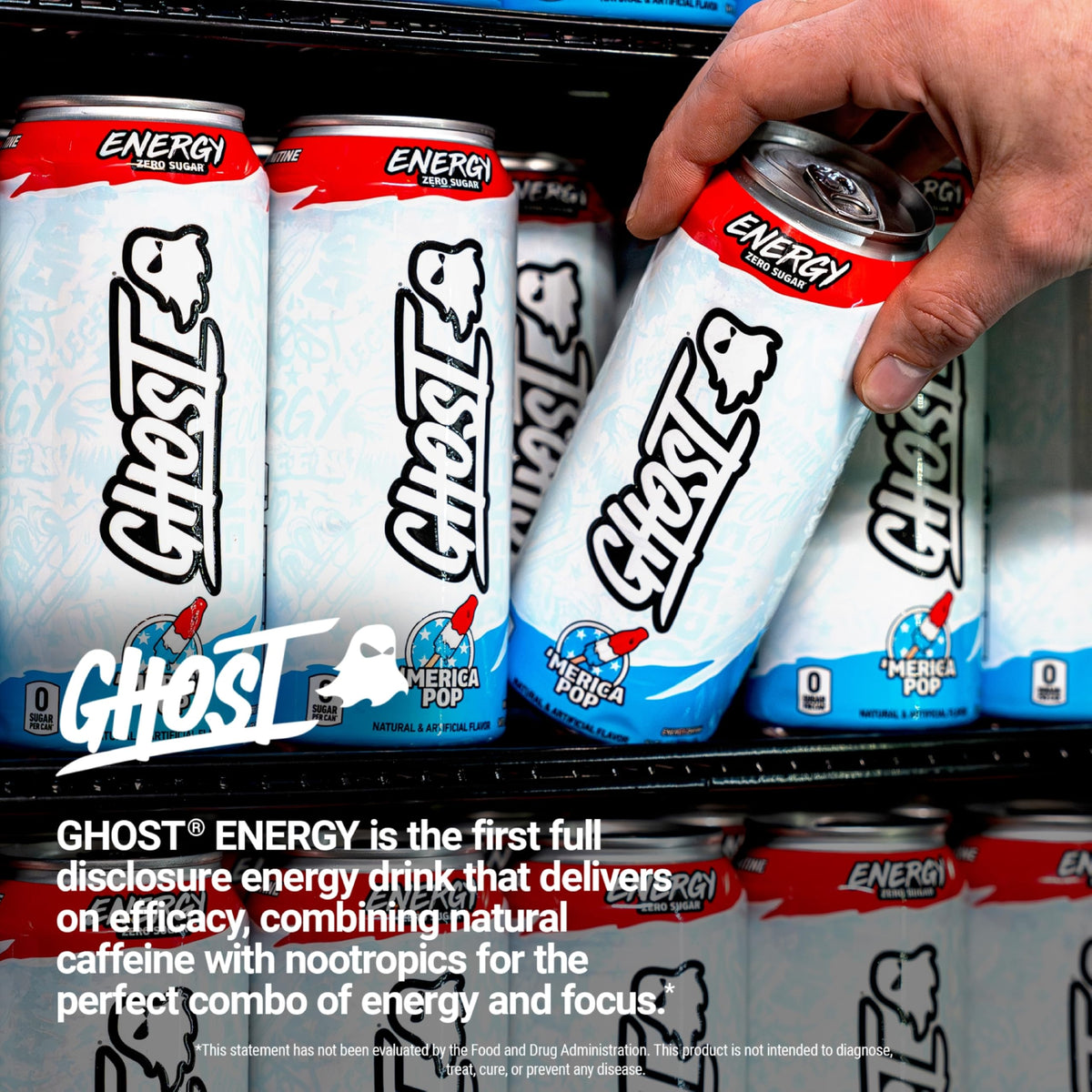 Shelf display of GHOST Energy Merica Pop packs with vibrant cans