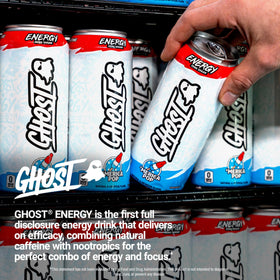 Shelf display of GHOST Energy Merica Pop packs with vibrant cans
