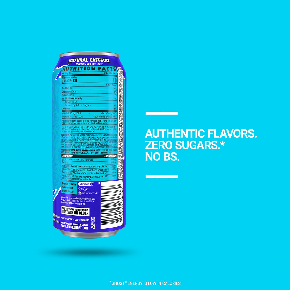 GHOST Energy nootropics ingredients graphic highlighting L-Carnitine and Alpha-GPC for clarity.