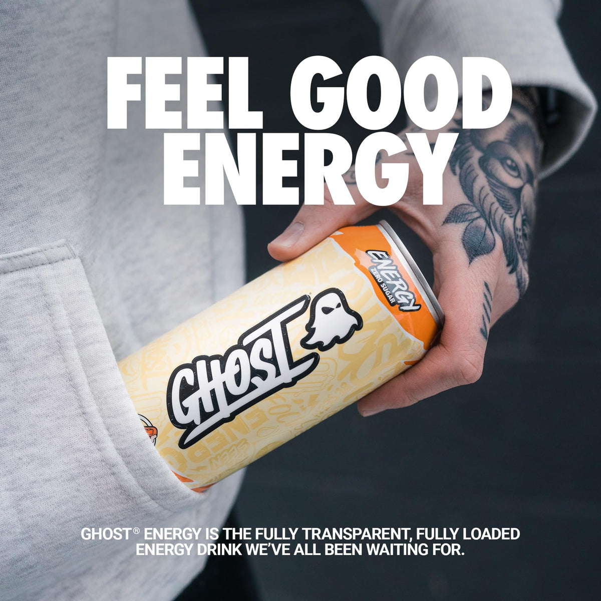 GHOST Energy Orange Cream can and label highlight caffeine and nootropics for focus.