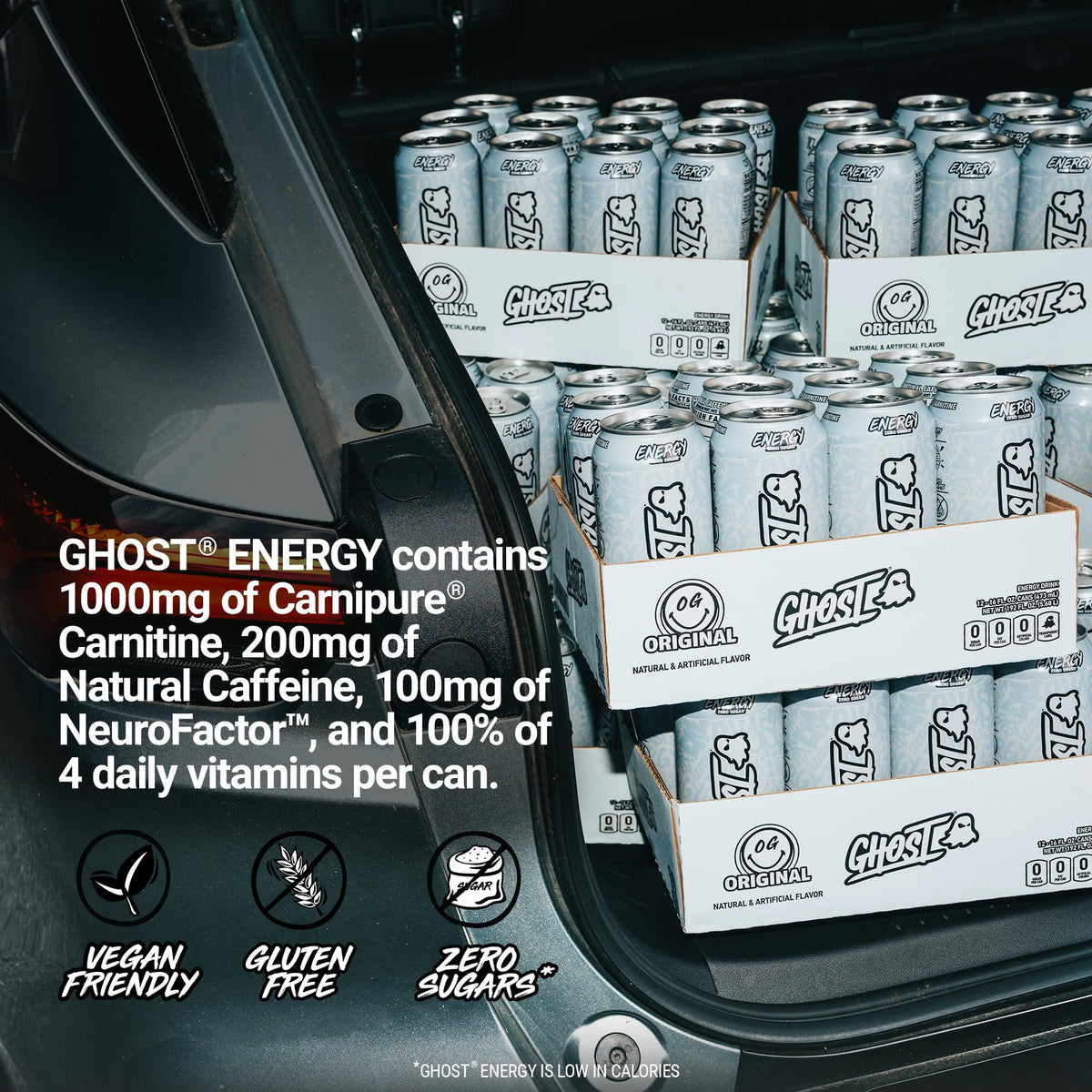 Ghost Energy Original caffeine info image communicates 200mg natural caffeine per can.