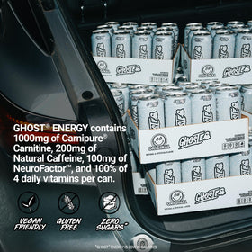 Ghost Energy Original caffeine info image communicates 200mg natural caffeine per can.