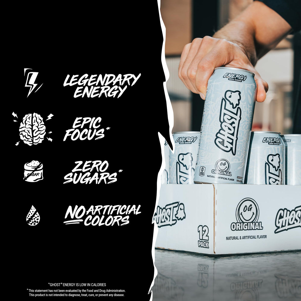 Ghost Energy Original glass with ice suggests refreshing, crystal-clear flavor notes and mixability.