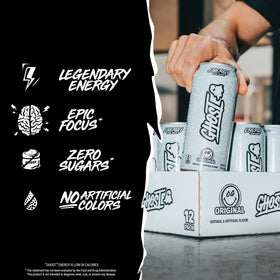 Ghost Energy Original glass with ice suggests refreshing, crystal-clear flavor notes and mixability.