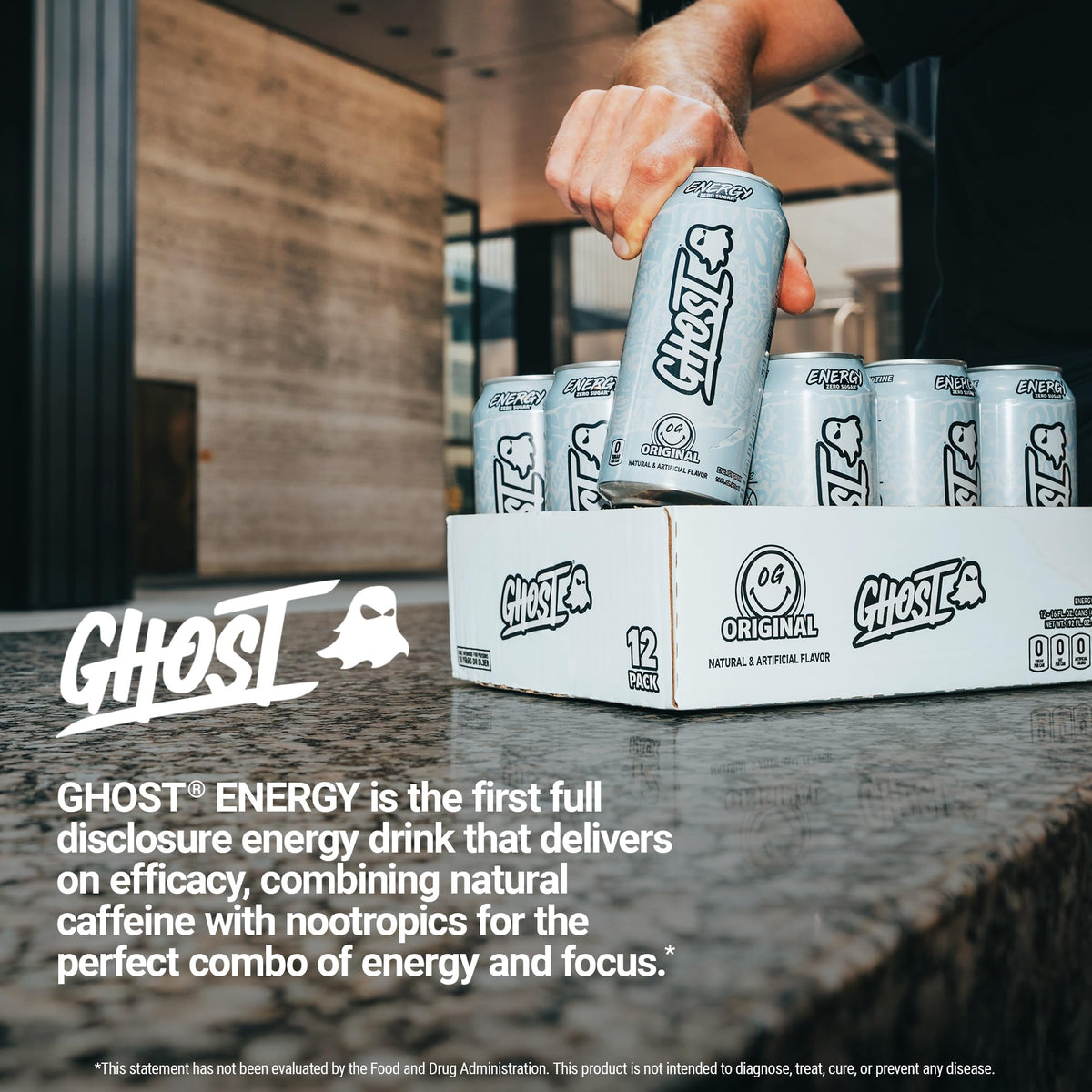 Ghost Energy Original vegan-gluten-free badge confirms dietary inclusivity and trust.