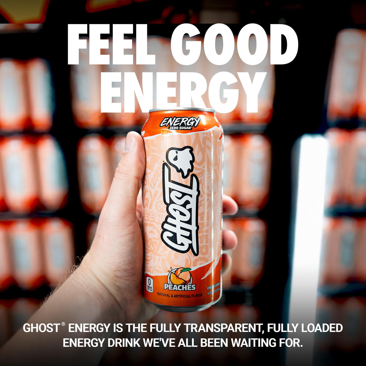 GHOST Energy Peach 12-pack display ready for workouts or gaming