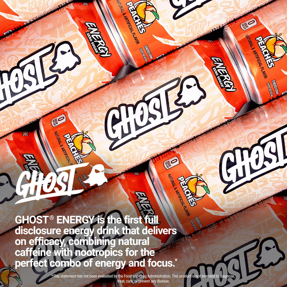 GHOST Energy Peach 12-pack box front for retail shelves