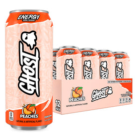 GHOST Energy Peach 16oz can close-up, natural caffeine for steady focus