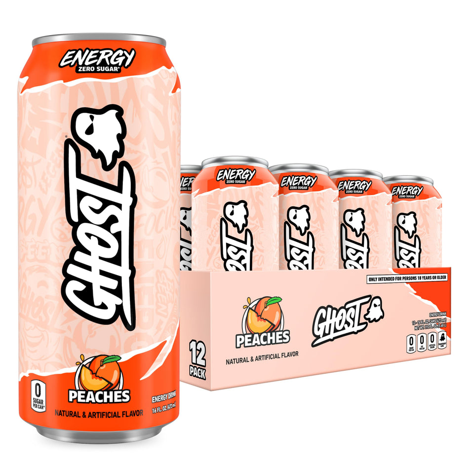 GHOST Energy Peach 16oz can close-up, natural caffeine for steady focus