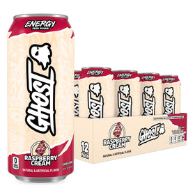 GHOST Energy Raspberry Cream can front view for sustained focus and flavor.