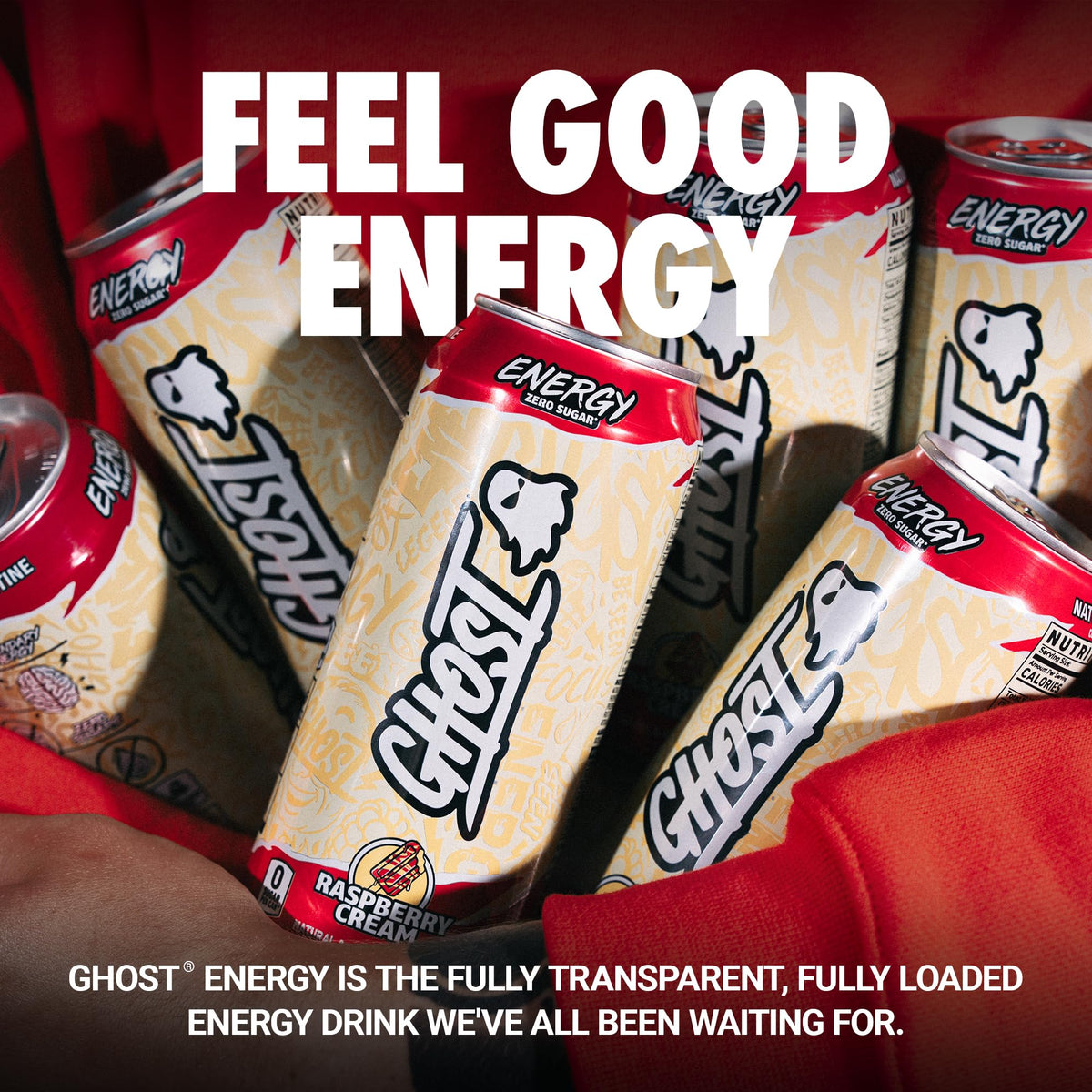GHOST Energy Raspberry Cream can side panel shows ingredients and transparency.