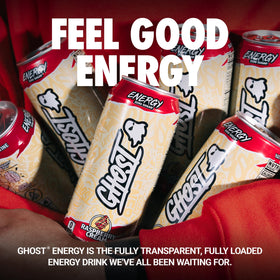 GHOST Energy Raspberry Cream can side panel shows ingredients and transparency.
