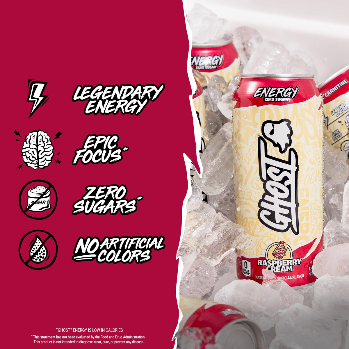 GHOST Energy Raspberry Cream label closeup shows transparent ingredient disclosure.